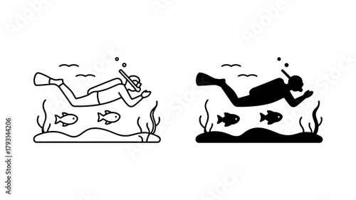 Scuba diver icon in line and solid styles, perfect for diving, underwater, ocean, and aquatic themes