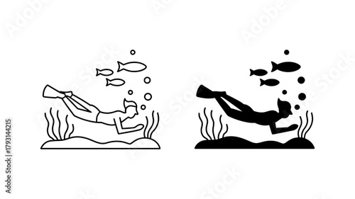 Illustration of a scuba diver swimming underwater with fish and seaweed, available in both outline and solid black versions