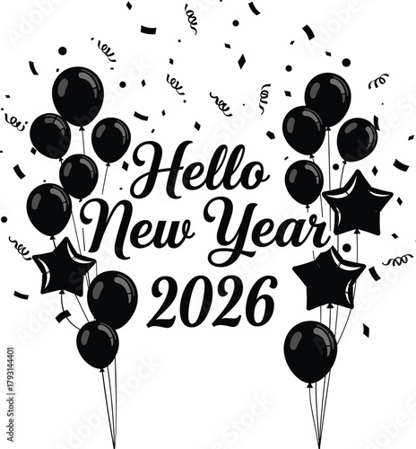 Celebrate the arrival of the new year 2026 with black balloons and confetti