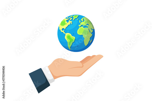 Vector illustration of a hand gently lifting a globe, which symbolizes Global Concern, Environment and Sustainability for a Positive Planet Message.