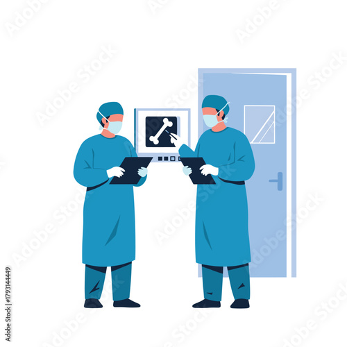 Two surgeons in full scrubs and masks discussing a patient's bone x-ray before performing an orthopedic surgery in the hospital.