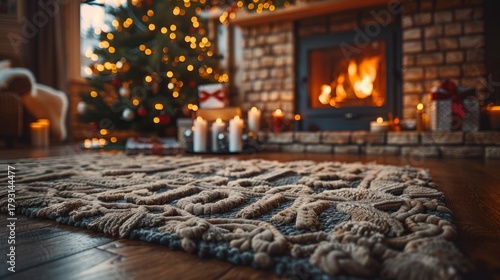 A cozy holiday scene with a warm fireplace, glowing Christmas tree, and soft rug in a rustic living room.