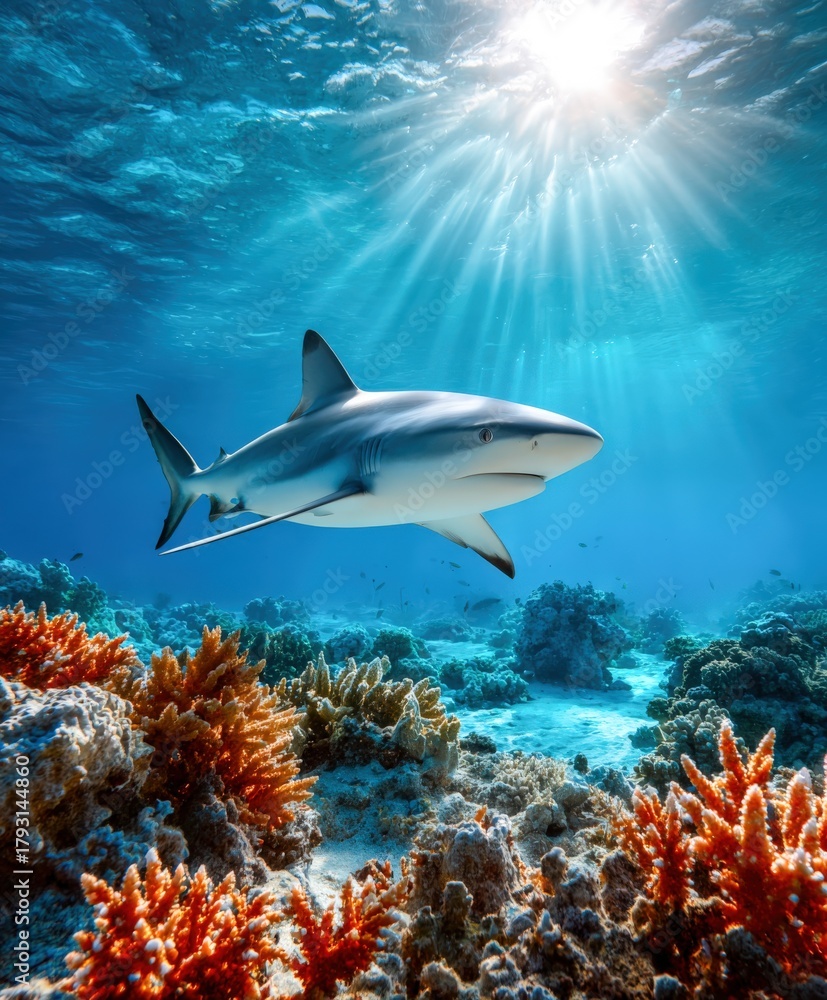 Fototapeta premium Majestic shark swimming gracefully through vibrant coral reef waters