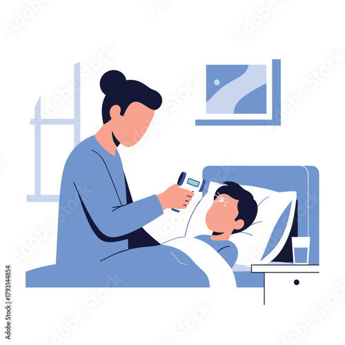 Caring mother using a digital thermometer to check the temperature of her sick child resting in bed under her watchful eye.