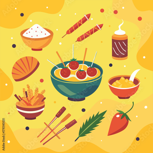 spicy street food, snacks and sauces illustration