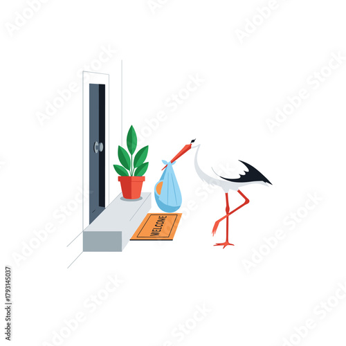 Classic folklore illustration of a stork delivering a newborn baby in a sling to the doorstep of a welcoming home.