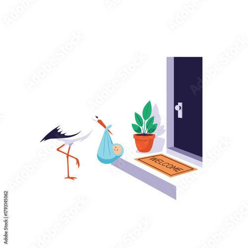 A friendly stork carrying a newborn baby in a blue sling, having just delivered it to the front door of a house.