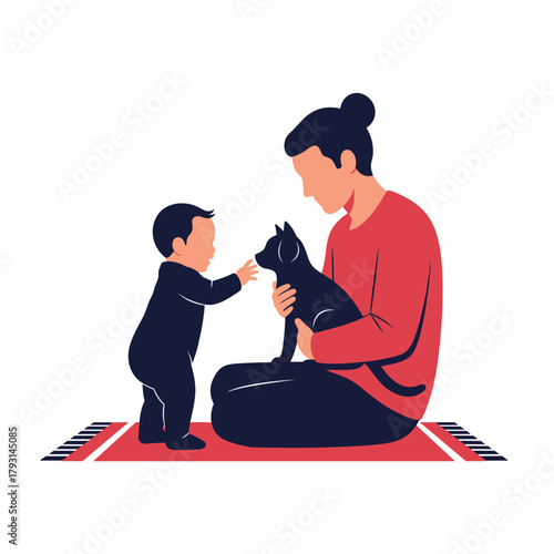 Touching moment of a parent and young child sitting on a rug and gently petting a black cat, fostering human-animal bonds.