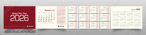 Desk calendar 2026 week start Monday corporate design template vector. Cover calendar. Monthly calendar layout. Minimalist modern desk calendar design in horizontal layout. corporate calendar