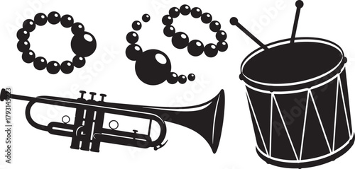 Mardi Gras Beads Trumpet Drum Musician Silhouette Set Vector