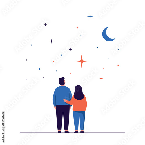 Romantic couple standing together and looking up at a beautiful night sky filled with stars and a crescent moon, dreaming.