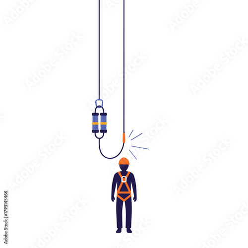 Illustration of a fall arrest system with an energy absorber being deployed to protect a worker wearing a safety harness.