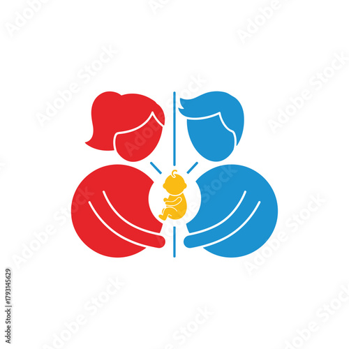 Abstract icon representing surrogacy or in-vitro fertilization, with a man and woman connected to a central baby symbol.