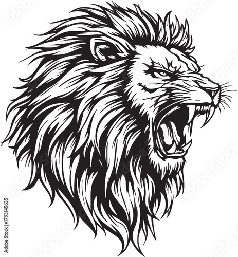 Roaring Lion Head Vector Illustration | Aggressive Feline King of the Jungle Mascot T-Shirt Print