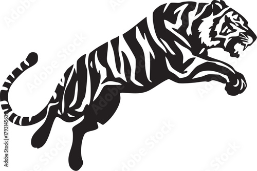 Jumping Tiger Silhouette Vector Illustration | Attacking Wild Cat Stripped Animal Mascot T-Shirt Print