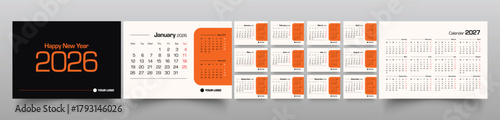 Desk calendar 2026 week start Monday corporate design template vector. Cover calendar. Monthly calendar layout. Minimalist modern desk calendar design in horizontal layout. corporate calendar
