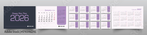 Desk calendar 2026 week start Monday corporate design template vector. Cover calendar. Monthly calendar layout. Minimalist modern desk calendar design in horizontal layout. corporate calendar