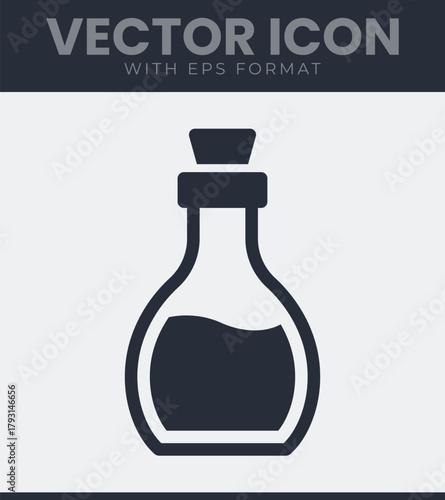 Stylized vector icon of a classic bottle or flask with a stopper and liquid inside