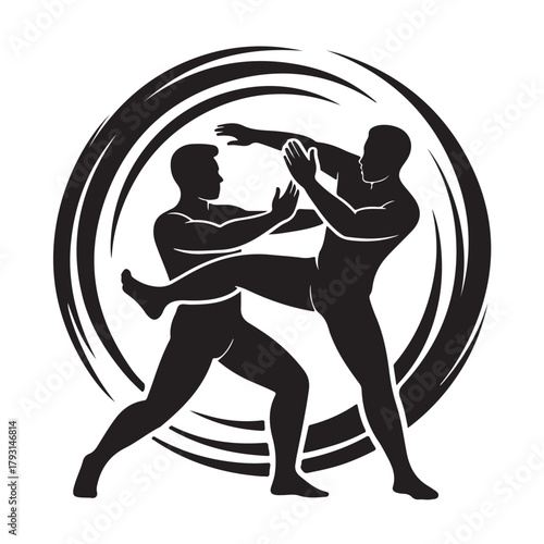 Two men practicing martial arts in a dynamic pose, demonstrating selfdefense techniques