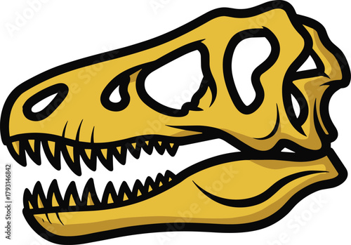 Yellow dinosaur skull illustration with sharp teeth, prehistoric fossil bone drawing, ancient Jurassic reptile skeleton art, vintage science design