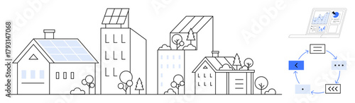 Residential and commercial buildings with solar panels, greenery, and technology diagrams. Ideal for sustainability, innovation, urban design, technology, clean energy, smart cities simple flat
