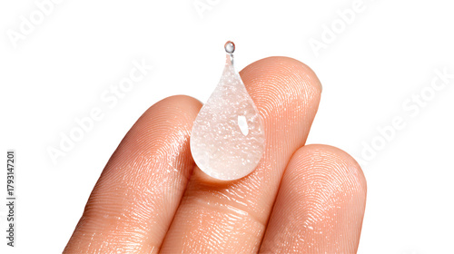 Extreme close-up of a human finger holding a large, clear gel droplet with tiny air bubbles, symbolizing concentrated skincare essence and intense hydration.