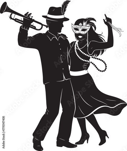 Mardi Gras Couple Mask Beads Trumpet Dancing Silhouette Vector