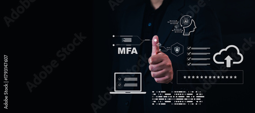 Multi-Factor Authentication (MFA) and cybersecurity concept. Businessman hand with thumb up approval for secure login, identity verification, and data protection on a virtual interface.