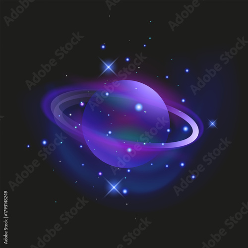 Glowing Purple Planet with Rings in Cosmic Space Neon planet with glowing rings
