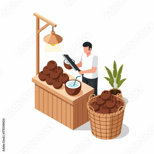 Isometric Detailed Coconut Seller at Stall with Lamp and Wicker Basket Illustration