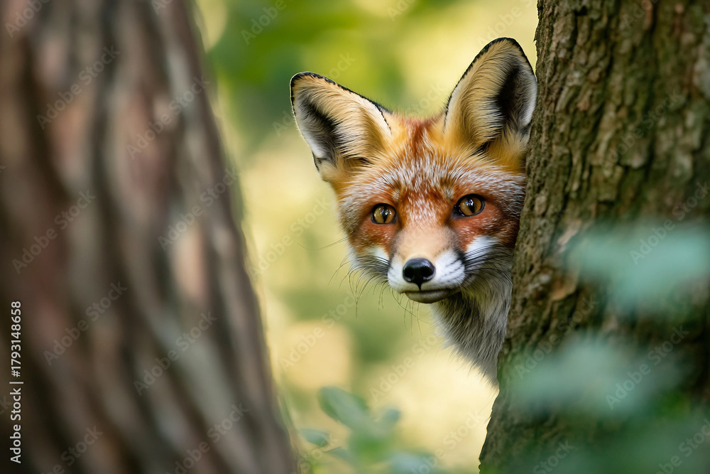 Obraz premium Generative AI image of curious wild red fox peeking from behind tree trunk in green summer forest with soft natural lighting