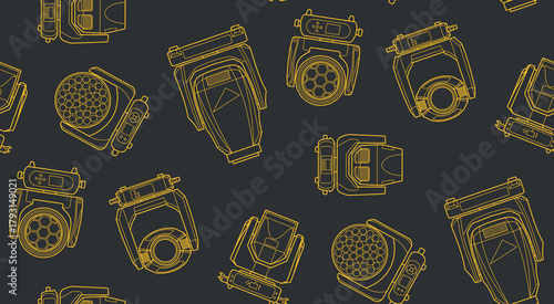 Seamless dark grey pattern with yellow outlines of moving head stage lights. Vector blueprint style for event design, lighting backgrounds, and industrial creative projects.