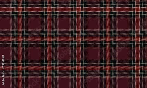 Seamless plaid pattern in dark red, black, green, and yellow for designing clothes, skirts, pants, dresses, and blankets. Unique and distinctive.