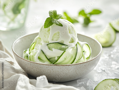 A scoop of pale green cucumber ice cream with creamy drizzle, cucumber slices, and mint.