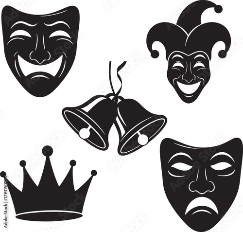 Theater Comedy Tragedy Masks Jester Crown Bells Silhouette Vector