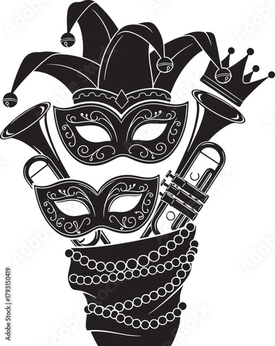 Mardi Gras Bag Mask Jester Crown Trumpet Beads Silhouette Vector