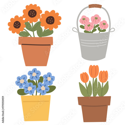 Set of Flower Pots in Hand-Drawn Flat Style for Home Decor Illustration