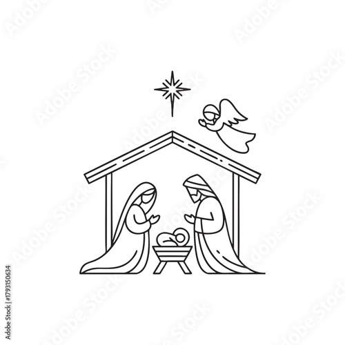 Christmas Nativity Scene Line Art Icon | Holy Family, Baby Jesus, Angel, and Star of Bethlehem Outline