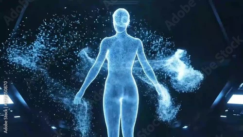 Futuristic Digital Hologram of Human Figure in Sci-Fi Technology Room