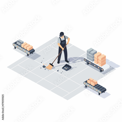 Isometric Illustration Worker Sweeping Debris Around Conveyor Belt and Packages