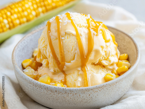 A scoop of pale yellow corn ice cream garnished with fresh kernels and caramel.