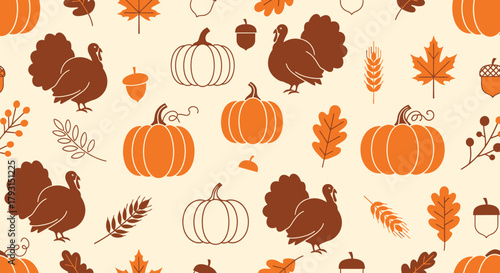 Seamless pattern for Thanksgiving featuring traditional harvest icons like turkey, pumpkins, and autumn leaves on a light background.
