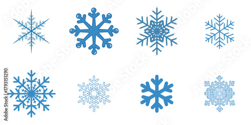 Collection of eight different blue snowflake icons and crystal symbols isolated on a white background.