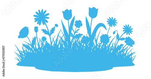 A compact lawn of grass with blooming flowers. A graphic summer and spring element for various designs, set on a white background.