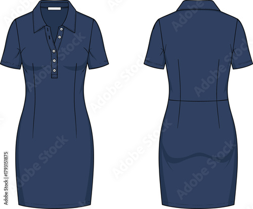 Navy polo dress front and back view, short sleeves, button placket, princess seams, yoke detail, fashion flat vector, garment construction illustration, no text