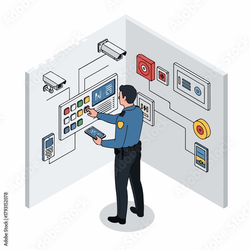 Isometric Professional Security Guard Monitoring Surveillance System Illustration
