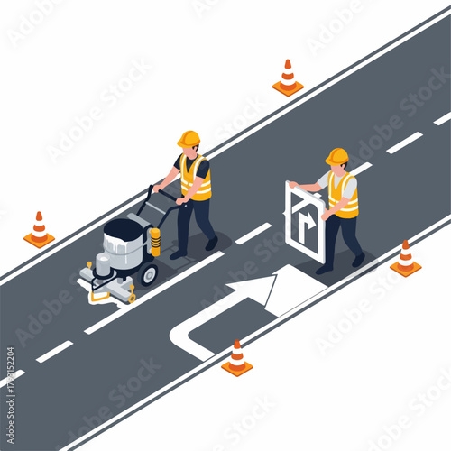Isometric Detailed Road Construction Worker Team Repairing Asphalt Illustration