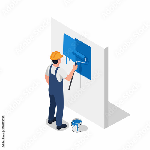 Isometric Man Painting Wall With Roller Brush Renovation Occupation Illustration