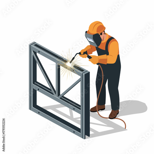 Isometric Welder Worker Character Assembling Metal Construction Industry Illustration