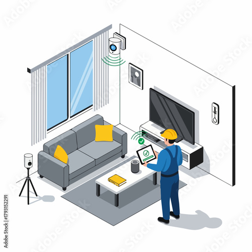 Isometric Detailed Interior 3D Scanner Inspection of the House Illustration